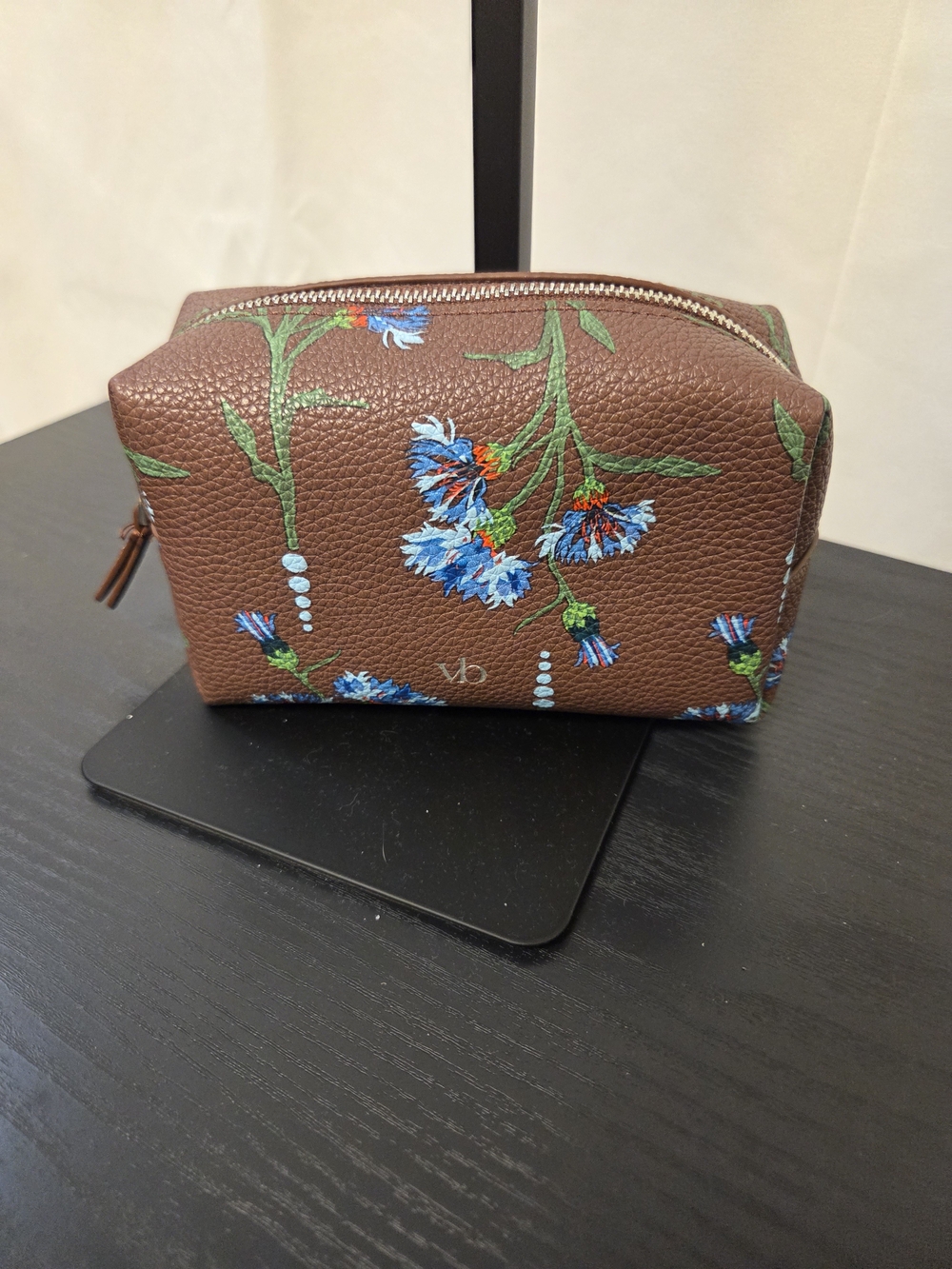 Vera Bradley Brown Floral Leather Cosmetic Pouch with Blue Flowers